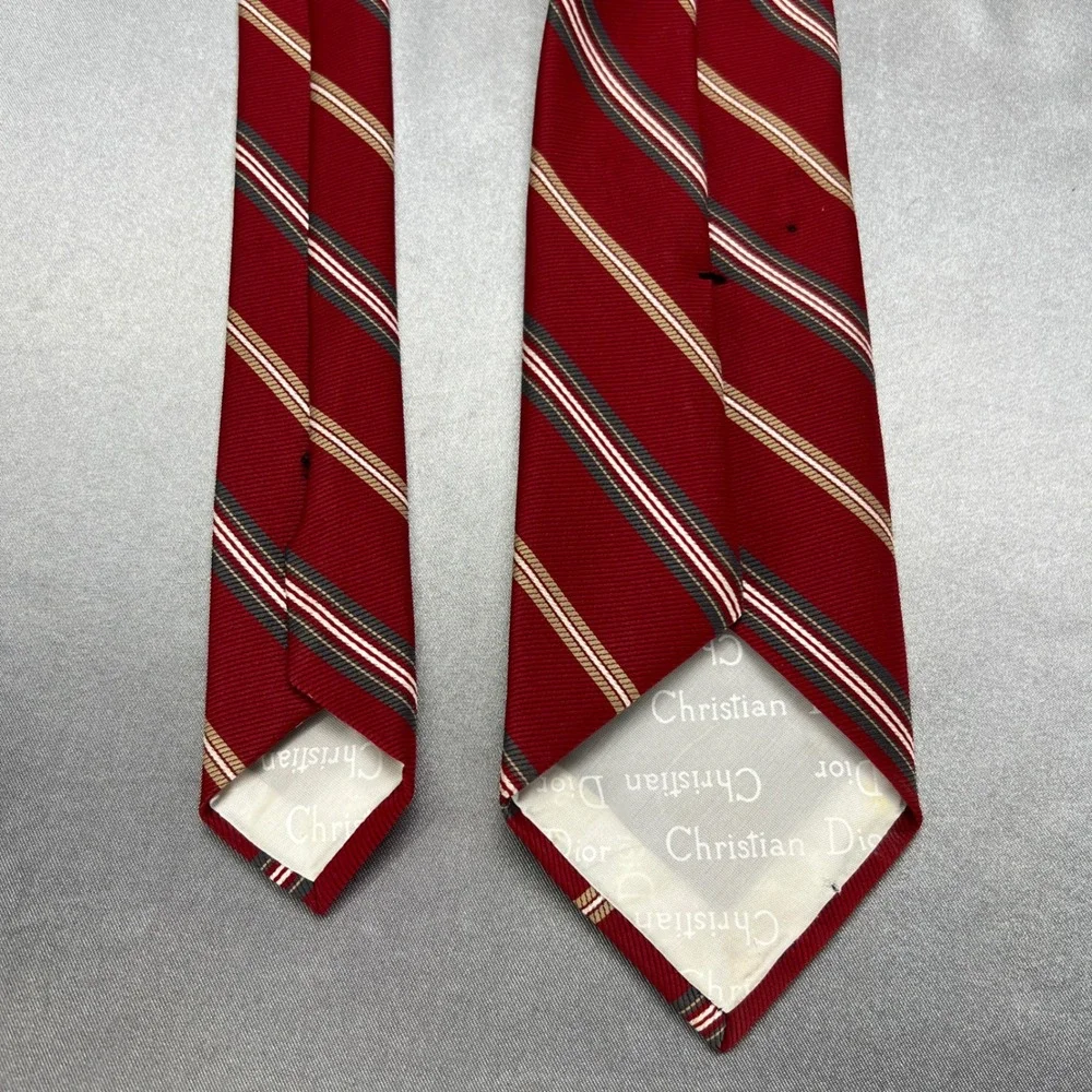 Christian Dior Mens Silk Tie Red Diagonal Stripe Embroidered Logo 54in Vintage